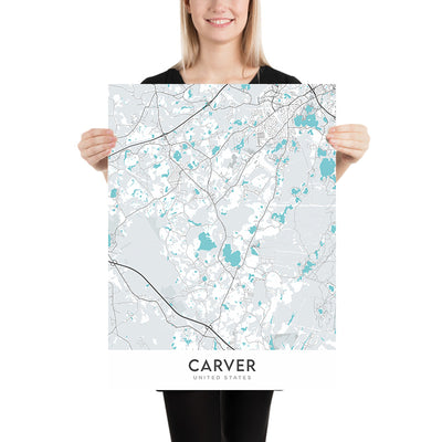 Plan de la ville moderne de Carver, MA : Carver Center, hôtel de ville de Carver, MA-58, MA-36, County Road