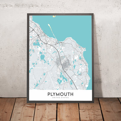 Mapa moderno de la ciudad de Plymouth, MA: Museo Pilgrim Hall, Mayflower II, Plymouth Rock, Monumento Nacional a los Antepasados y el paseo marítimo