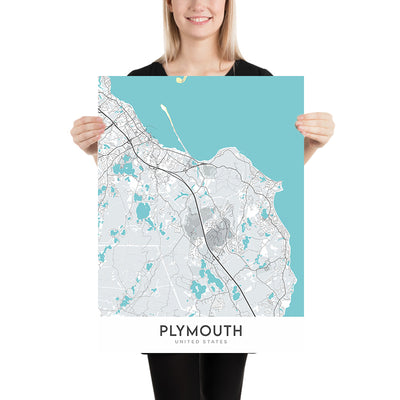 Moderner Stadtplan von Plymouth, MA: Pilgrim Hall Museum, Mayflower II, Plymouth Rock, National Monument to the Forefathers und die Waterfront