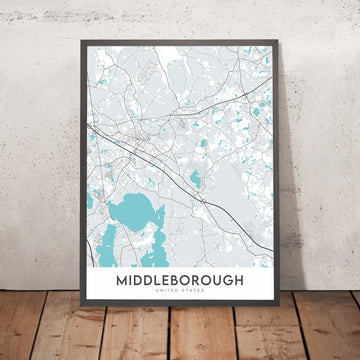Mappa della città moderna di Middleborough, MA: Centro di Middleborough, Lago Assawompset, Autostrada 495, Fiume Nemasket, Stagno Assawompset 