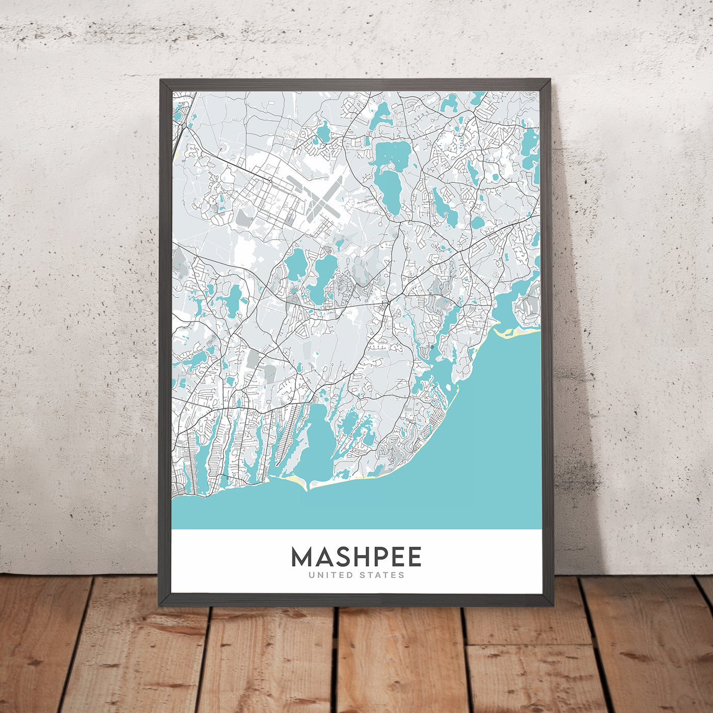 Modern City Map of Mashpee, MA: Commons, South Cape Beach State Park, Waquoit Bay Reserve, Popponesset Beach, Santuit Pond