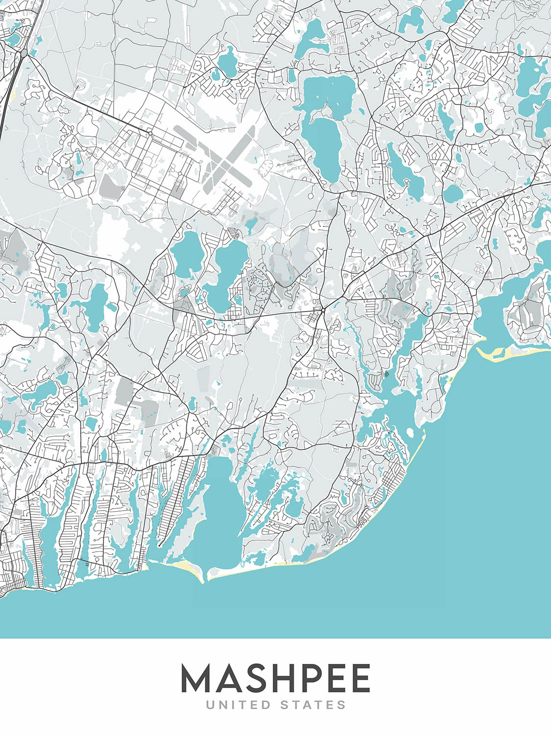 Modern City Map of Mashpee, MA: Commons, South Cape Beach State Park, Waquoit Bay Reserve, Popponesset Beach, Santuit Pond