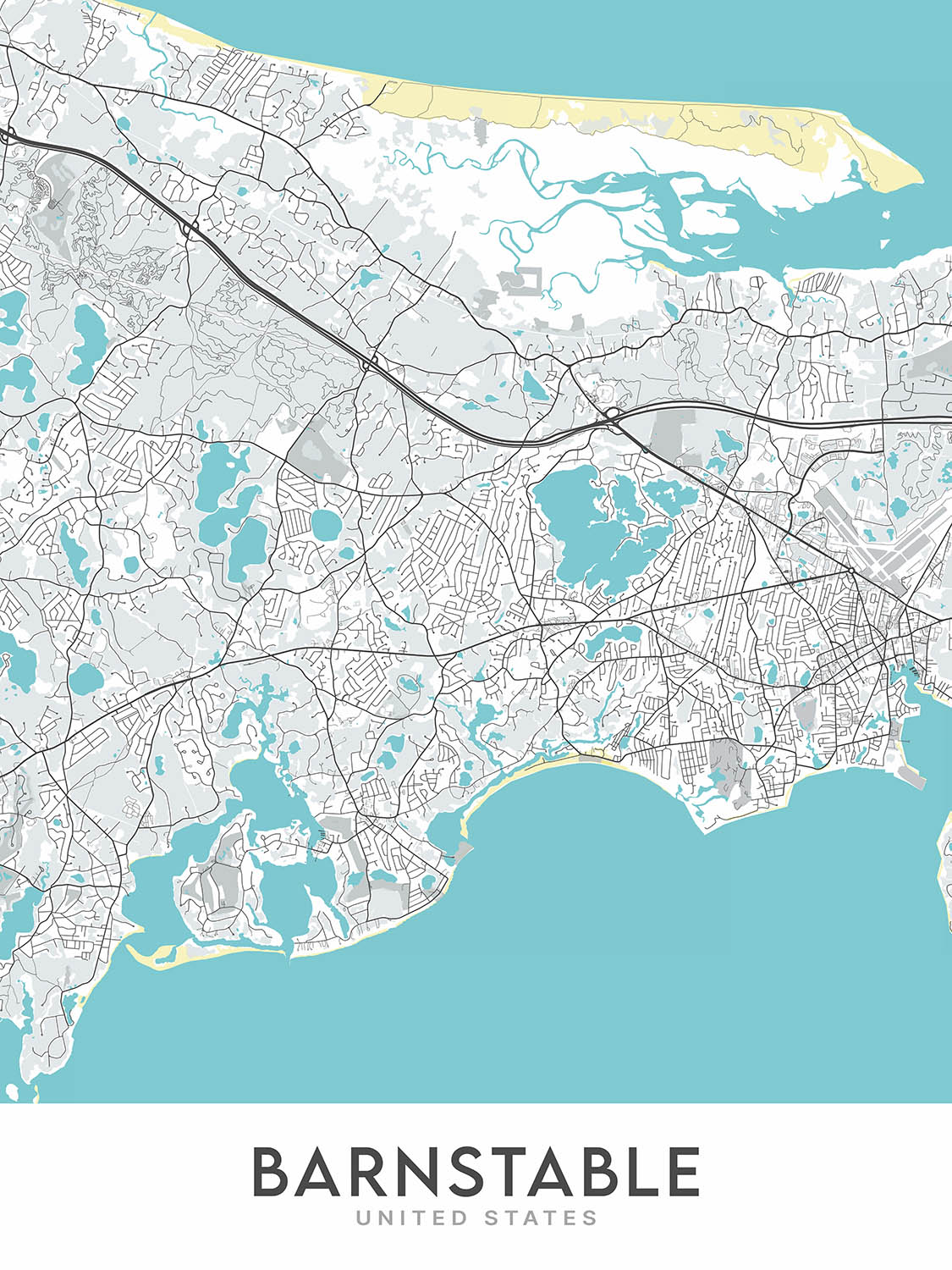 Modern City Map of Barnstable, MA: Barnstable Village, Hyannis, Sandy Neck Beach, Route 6, Route 28
