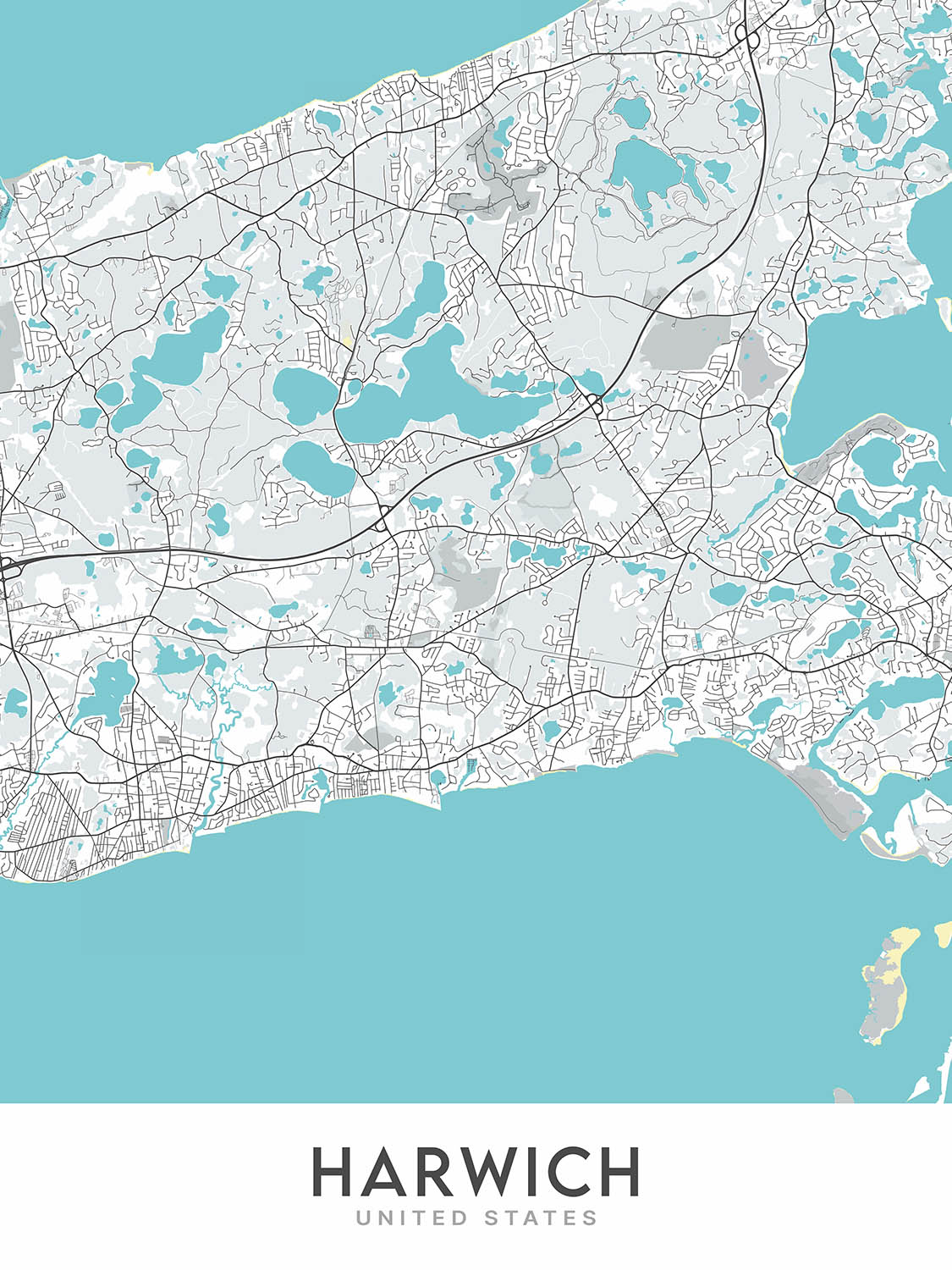 Modern City Map of Harwich, Massachusetts: Red River Beach, Saquatucket Harbor, Wychmere Harbor, Allen Harbor, Herring River