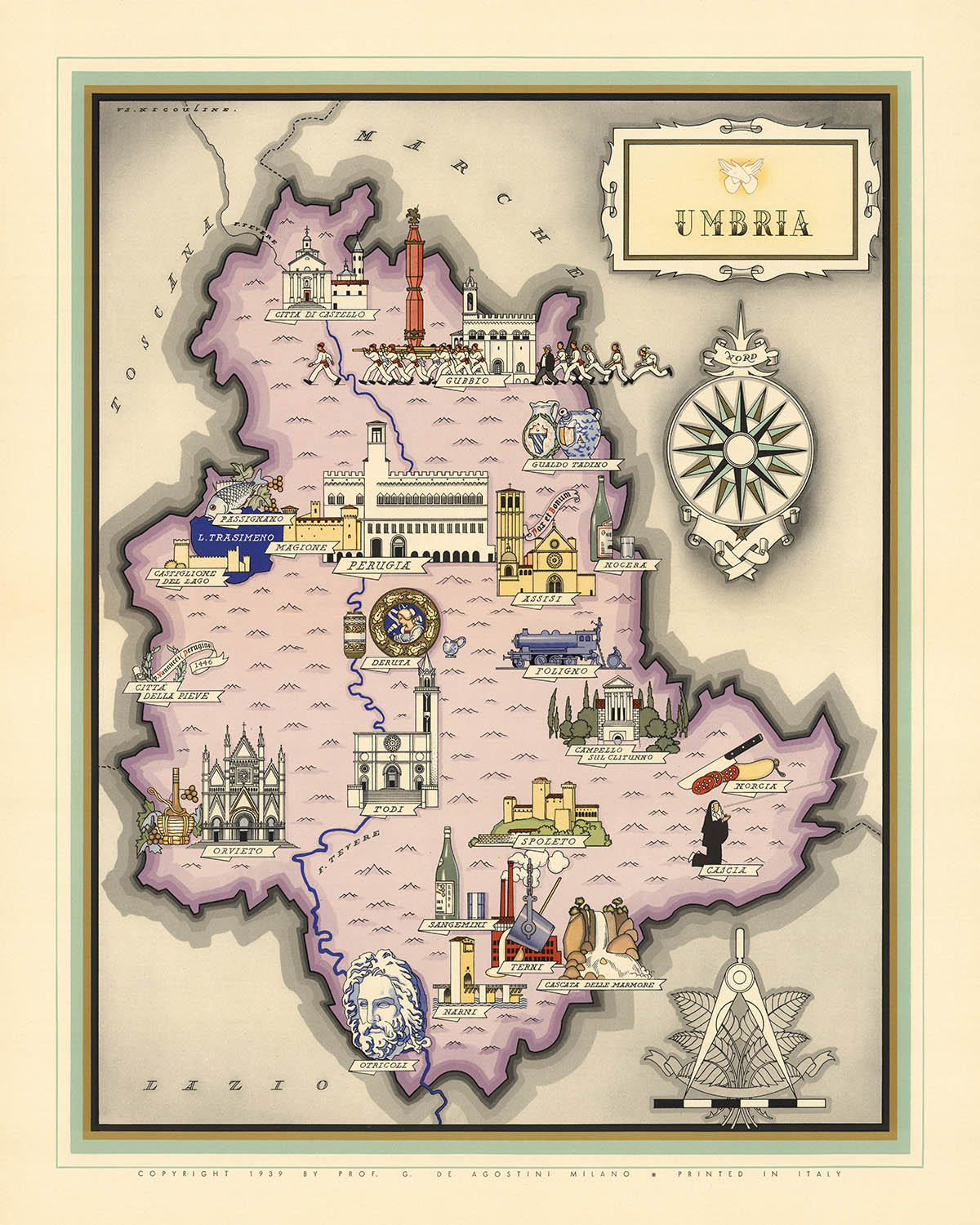 Alte thematische und bildliche Karte von Umbrien, 1938: Perugia, Assisi, Spoleto, Nationalpark Monti Sibillini, Nationalpark Gran Sasso und Monti della Laga