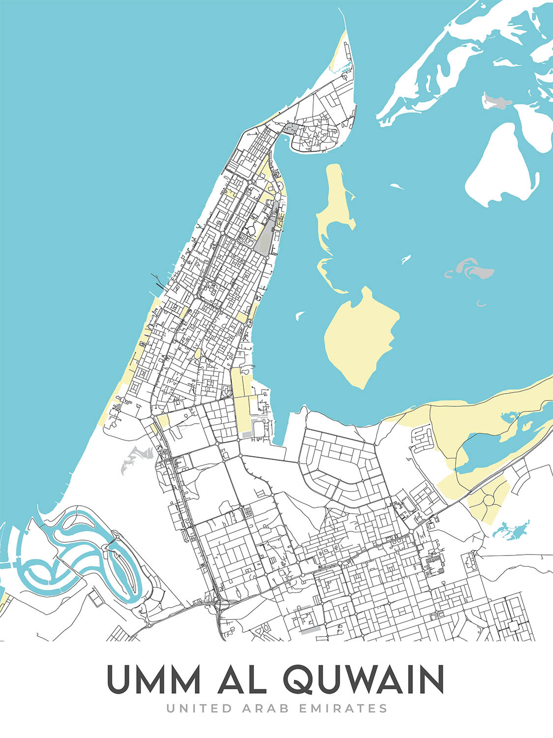 Modern City Map of Umm Al Quwain, UAE: Fort, Museum, Corniche, Sheikh Mohammed Bin Zayed Road, Emirates Road