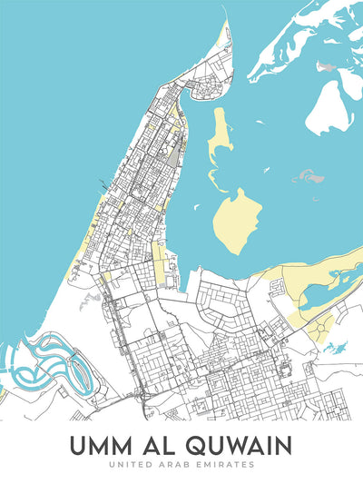 Plan de la ville moderne d'Umm Al Quwain, Émirats arabes unis : fort d'Umm Al Quwain, musée d'Umm Al Quwain, corniche d'Umm Al Quwain, route Sheikh Mohammed Bin Zayed, route Emirates
