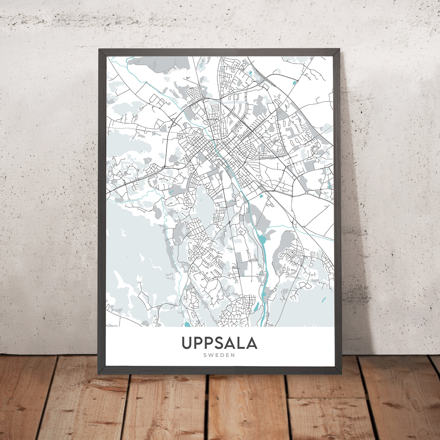 Mapa moderno de la ciudad de Uppsala, Suecia: castillo, catedral, universidad, parques, río