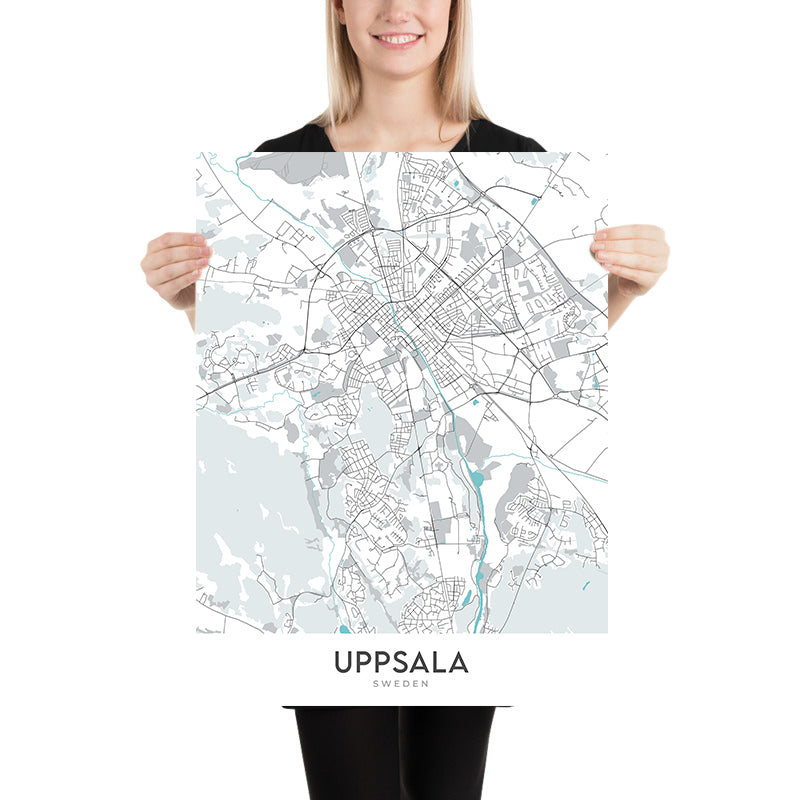 Moderner Stadtplan von Uppsala, Schweden: Schloss, Kathedrale, Universität, Parks, Fluss