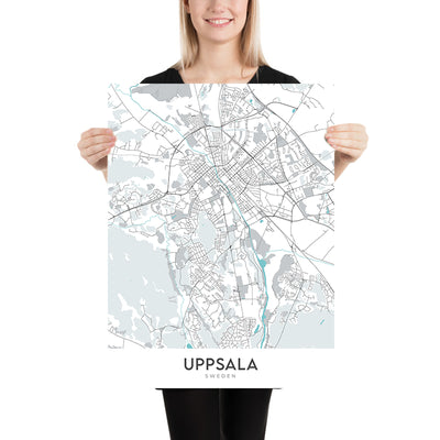 Mapa moderno de la ciudad de Uppsala, Suecia: castillo, catedral, universidad, parques, río