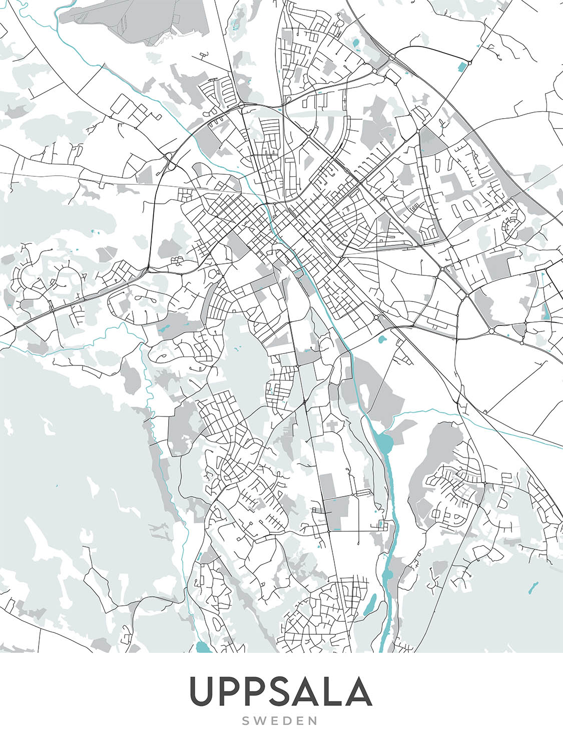 Plan de la ville moderne d'Uppsala, Suède : château, cathédrale, université, parcs, rivière