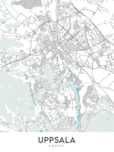Moderner Stadtplan von Uppsala, Schweden: Schloss, Kathedrale, Universität, Parks, Fluss