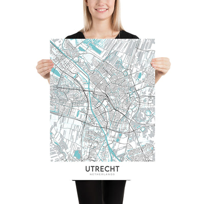 Moderner Stadtplan von Utrecht, Niederlande: Domturm, Hauptbahnhof, Rietveld-Haus, Botanischer Garten, Jaarbeurs