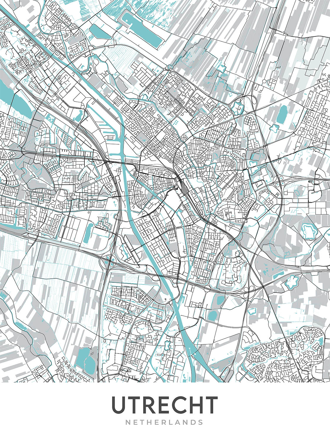 Mapa moderno de la ciudad de Utrecht, Países Bajos: Torre Dom, Estación Central, Casa Rietveld, Jardín Botánico, Jaarbeurs