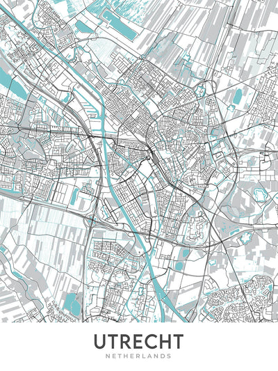 Plan de la ville moderne d'Utrecht, Pays-Bas : Tour Dom, Gare Centrale, Maison Rietveld, Jardins Botaniques, Jaarbeurs