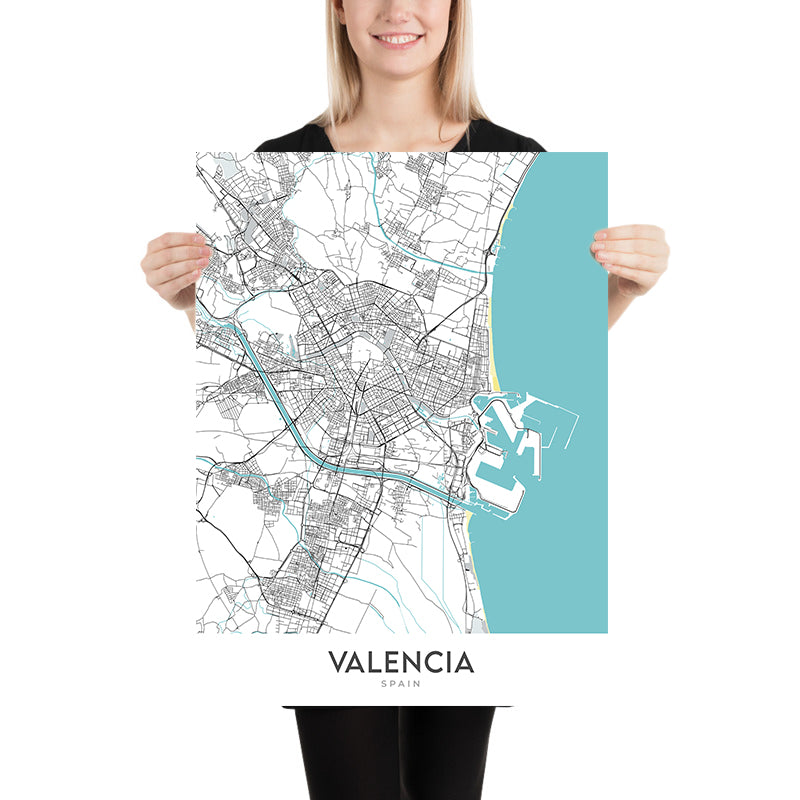 Plan de la ville moderne de Valence, Espagne : Ciutat Vella, El Carmen, Ruzafa, Cité des Arts et des Sciences, Jardins du Turia