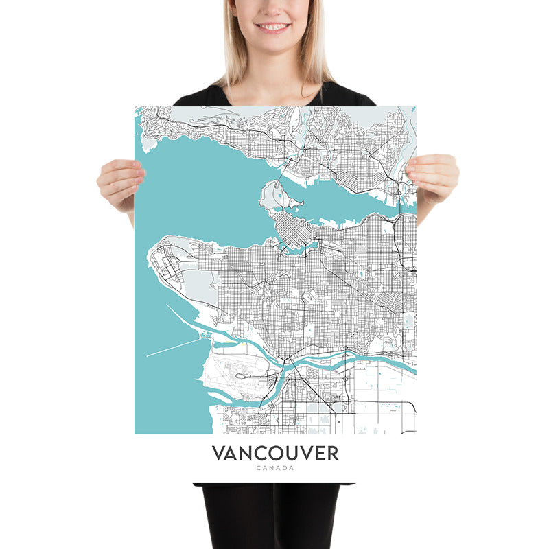 Moderner Stadtplan von Vancouver, Kanada: Innenstadt, Stanley Park, Granville St, Gastown, BC Place
