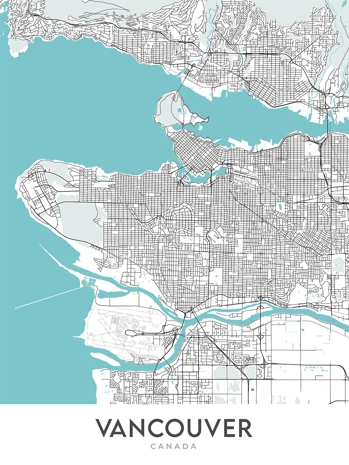 Mapa moderno de la ciudad de Vancouver, Canadá: centro, Stanley Park, Granville St, Gastown, BC Place