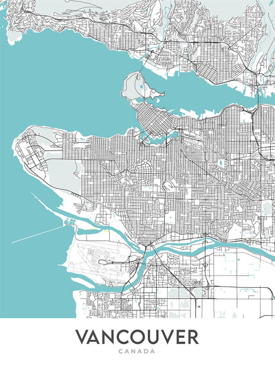 Mapa moderno de la ciudad de Vancouver, Canadá: centro, Stanley Park, Granville St, Gastown, BC Place