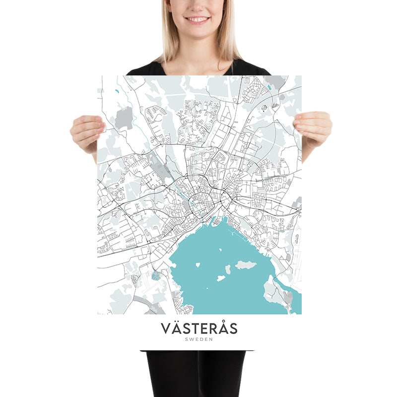 Mapa moderno de la ciudad de Västerås, Suecia: castillo, catedral, sala de conciertos, universidad, zoológico