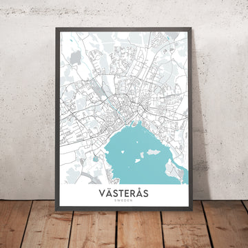 Mapa moderno de la ciudad de Västerås, Suecia: castillo, catedral, sala de conciertos, universidad, zoológico
