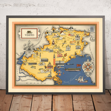 Antigua mapa de Veneto por De Agostini, 1938: Región de Prosecco, Venecia, Verona, Padua, Vicenza, Dolomitas 