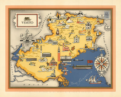 Antiguo mapa pictórico del Véneto de De Agostini, 1938: Venecia, Verona, Padua, Vicenza, Dolomitas