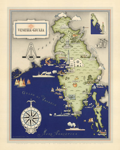 Antiguo mapa pictórico de Friuli-Venezia Giulia de De Agostini, 1938: Trieste, Gorizia, Pola, Fiume, Zara