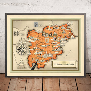 Antiguo mapa pictórico de Trentino-Alto Adigio de De Agostini, 1938: Trento, Bolzano, Bressanone, Merano, Rovereto