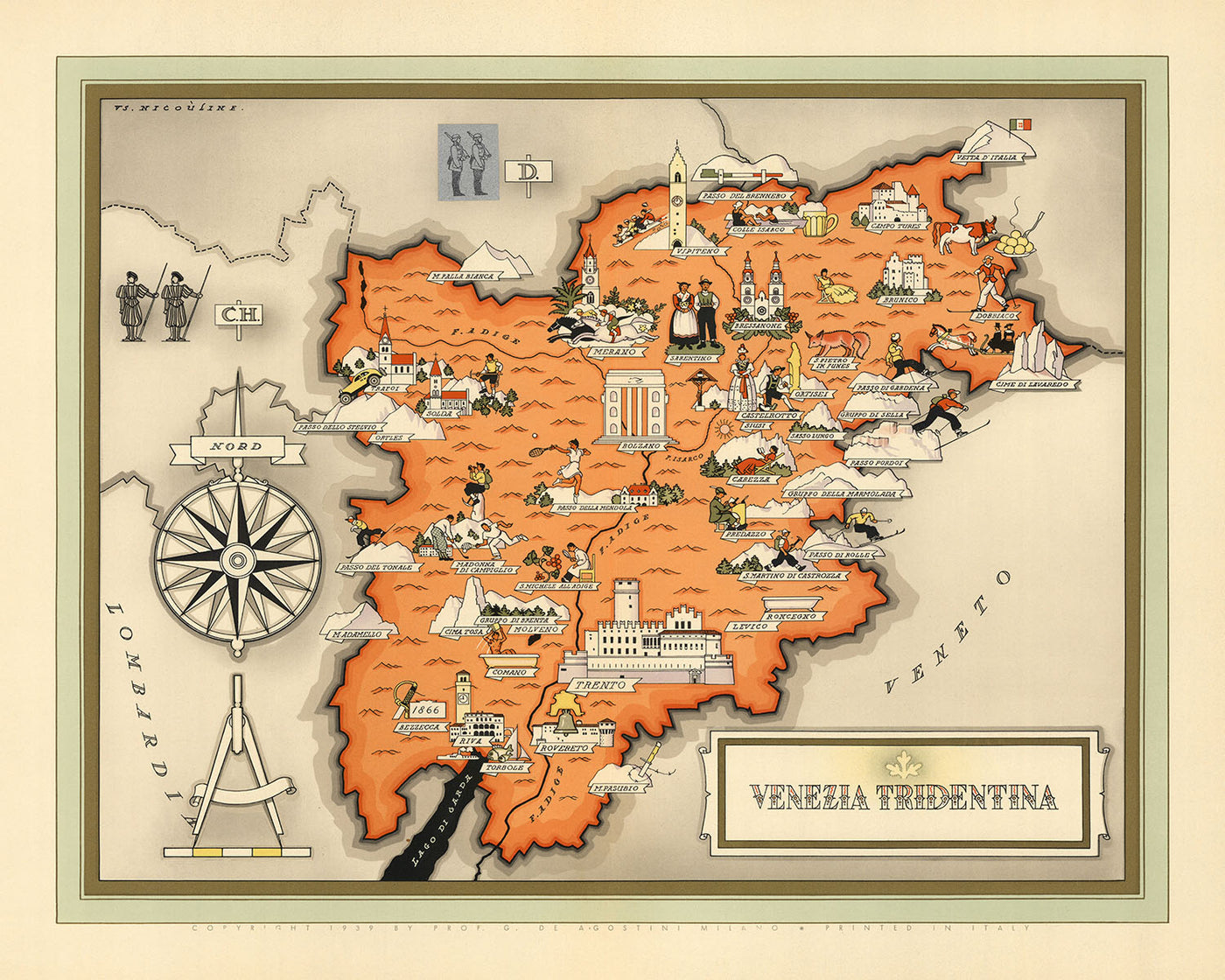 Old Pictorial Map of Trentino-Alto Adige by De Agostini, 1938: Trento, Bolzano, Bressanone, Merano, Rovereto