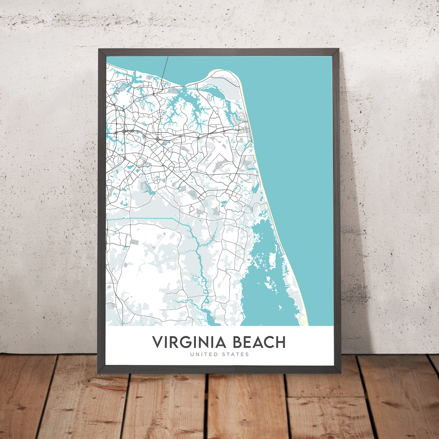Mapa moderno de la ciudad de Virginia Beach, VA: Acuario de Virginia, Faro de Cape Henry, Paseo marítimo de Virginia Beach, Pembroke Manor, Chic's Beach
