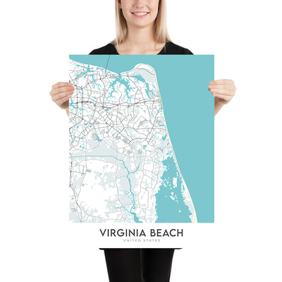 Mapa moderno de la ciudad de Virginia Beach, VA: Acuario de Virginia, Faro de Cape Henry, Paseo marítimo de Virginia Beach, Pembroke Manor, Chic's Beach