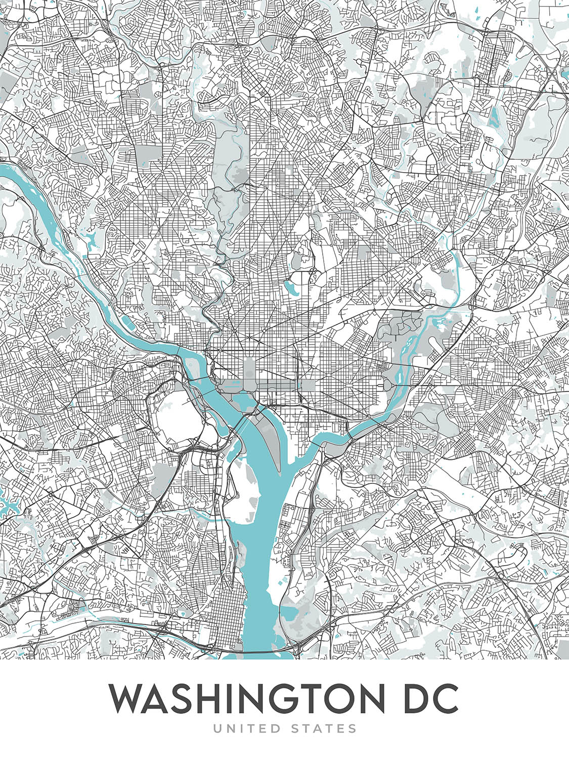 Plan de la ville moderne de Washington, DC : Maison Blanche, Capitol Hill, National Mall, Georgetown, Dupont Circle
