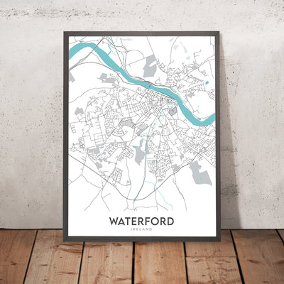Mapa moderno de la ciudad de Waterford, Irlanda: Castillo de Waterford, Torre de Reginald, Catedral de la Iglesia de Cristo, Catedral de la Santísima Trinidad, Río Suir
