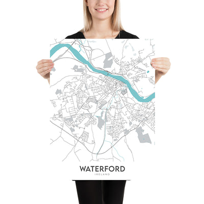Plan de la ville moderne de Waterford, Irlande : château de Waterford, tour Reginald, cathédrale Christ Church, cathédrale Holy Trinity, rivière Suir