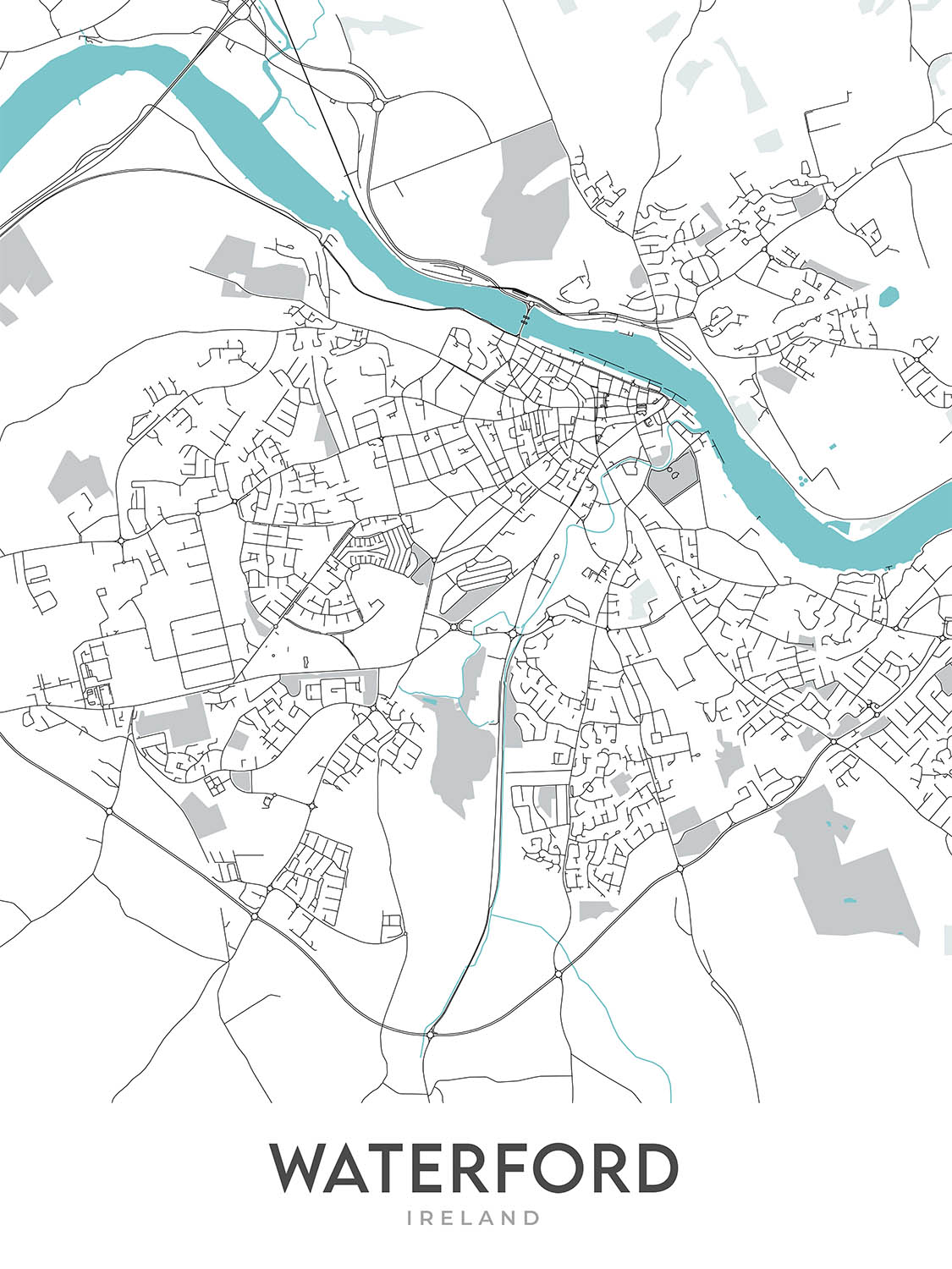 Plan de la ville moderne de Waterford, Irlande : château de Waterford, tour Reginald, cathédrale Christ Church, cathédrale Holy Trinity, rivière Suir