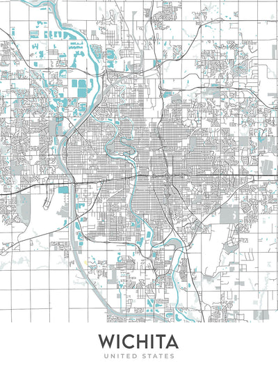 Mapa moderno de la ciudad de Wichita, KS: College Hill, Delano, Centro, Keeper of the Plains, Universidad Estatal de Wichita