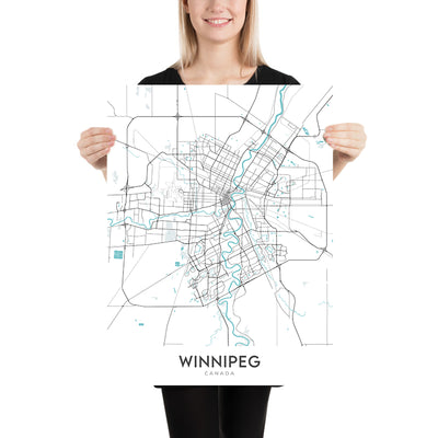Moderner Stadtplan von Winnipeg, Kanada: Innenstadt, St. Boniface, The Forks, Kanadisches Museum für Menschenrechte, Manitoba Museum