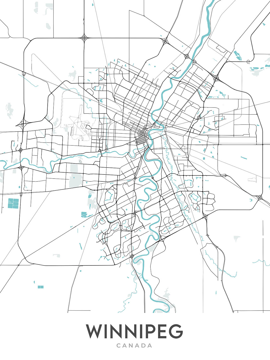 Mapa moderno de la ciudad de Winnipeg, Canadá: Centro, St. Boniface, The Forks, Museo Canadiense de Derechos Humanos, Museo de Manitoba