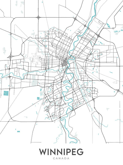 Moderner Stadtplan von Winnipeg, Kanada: Innenstadt, St. Boniface, The Forks, Kanadisches Museum für Menschenrechte, Manitoba Museum