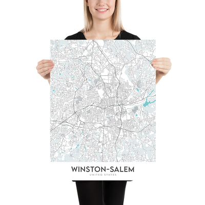 Mapa moderno de la ciudad de Winston-Salem, Carolina del Norte: Ardmore, Reynolda, Hanes Mall, Wake Forest University, I-40