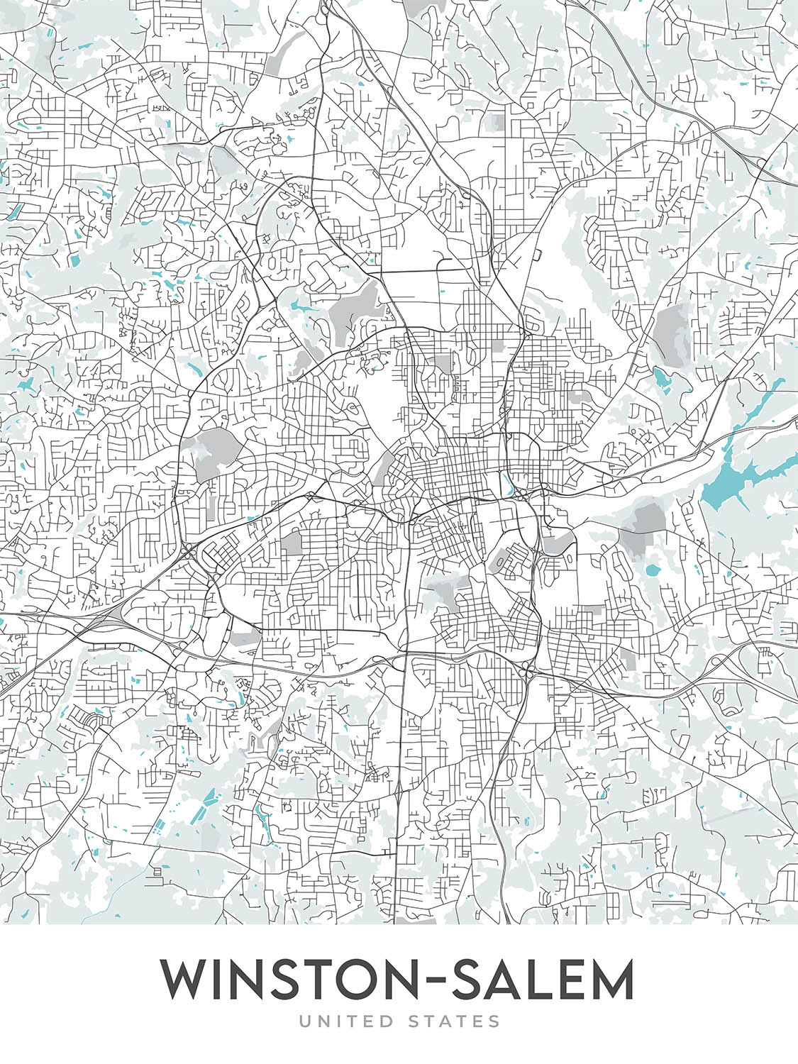 Plan de la ville moderne de Winston-Salem, Caroline du Nord : Ardmore, Reynolda, Hanes Mall, Wake Forest University, I-40