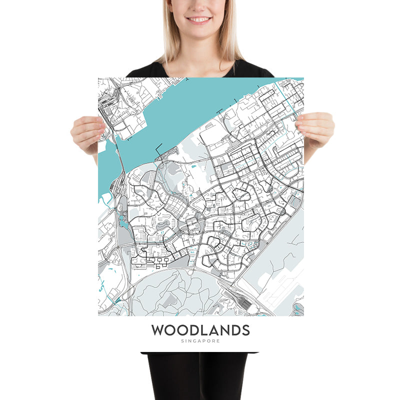 Mapa moderno de la ciudad de Woodlands, Singapur: Politécnico de la República, Woodlands Waterfront Park, Admiralty Park, Woodlands Health Campus, Escuela de deportes de Singapur