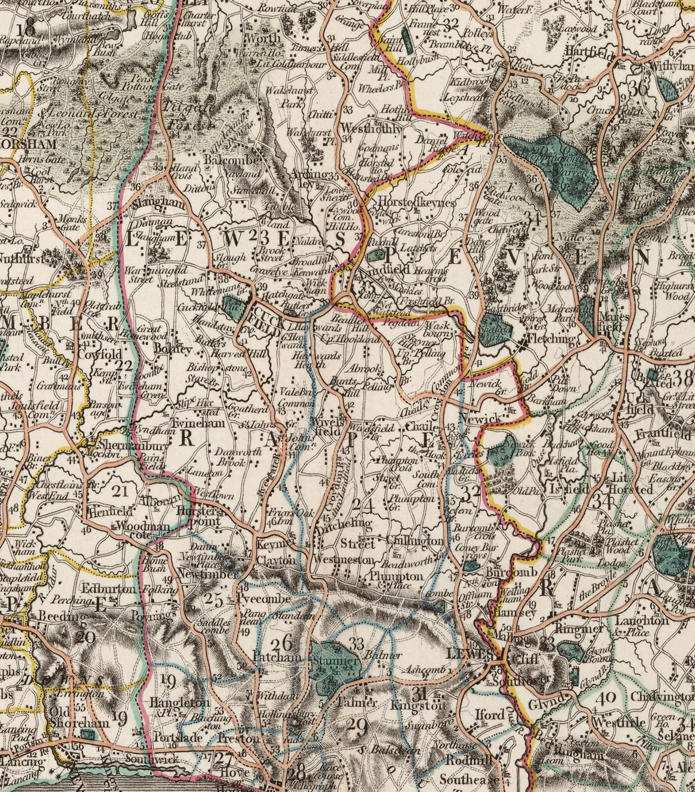 Antiguo mapa de Sussex en 1801 por John Cary - Brighton, Hastings, Eastbourne, Preston, Dumford