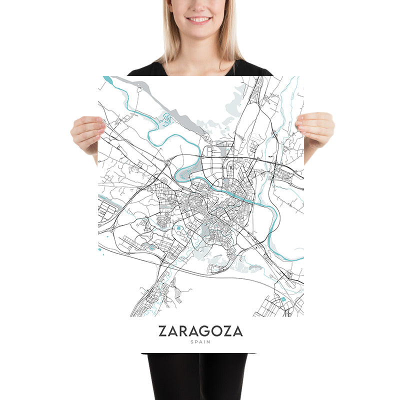 Plan de la ville moderne de Saragosse, Espagne : basilique, cathédrale, palais, rivière, université