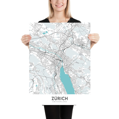 Mapa moderno de la ciudad de Zurich, Suiza: Altstadt, Bahnhof Enge, ETH Zurich, Kunsthaus Zurich, Uetliberg