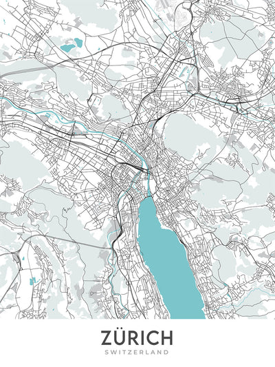 Plan de la ville moderne de Zurich, Suisse : Altstadt, Bahnhof Enge, ETH Zurich, Kunsthaus Zurich, Uetliberg
