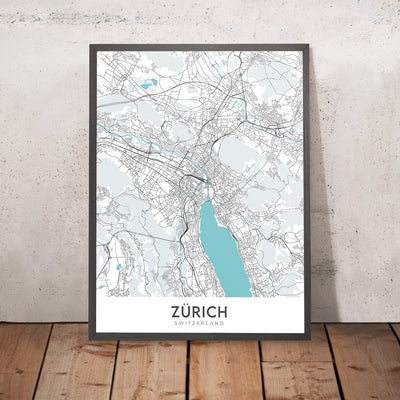 Modern City Map of Zurich: Lake Zurich, Altstadt, Bahnhof Enge, ETH Zurich, Kunsthaus Zurich, Uetliberg
