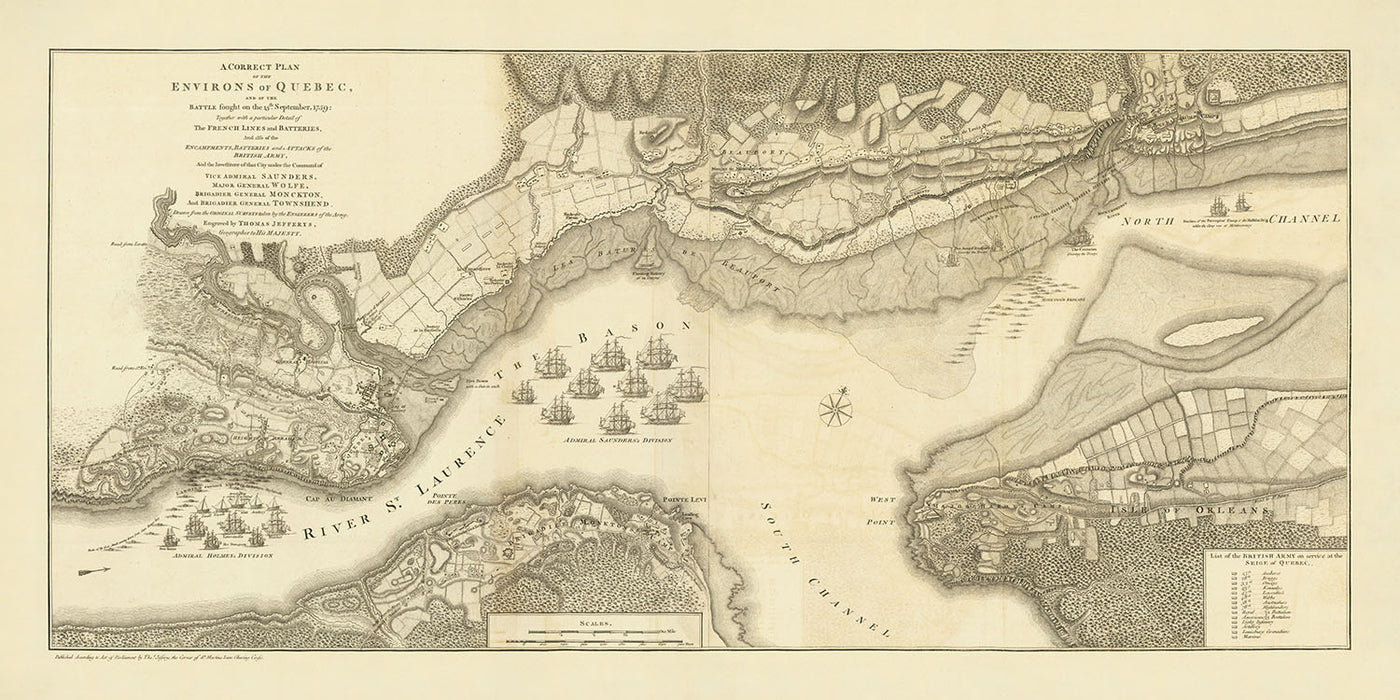 Ancienne carte militaire de la bataille des plaines d'Abraham par Jefferys, 1768 : Québec, fleuve Saint-Laurent, troupes françaises et britanniques, artillerie, divisions navales