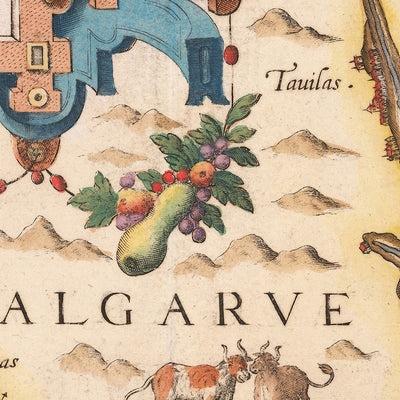 Ancienne carte de l'Algarve par Waghenaer, 1588 : Faro, Lagos, Portimão, Cap de Saint-Vincent, cartouche décoratif